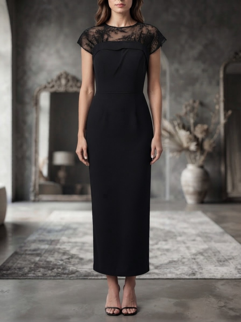 New MAC DUGGAL Black Lace Illusion Yoke Midi Sheath Dress Size 6